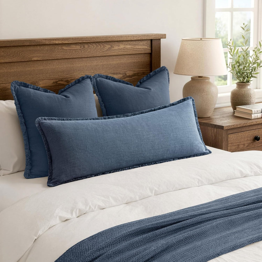 MIULEE 14x36 Long Linen Fringe Lumbar Pillow Covers Set of 1 Blue Ashes