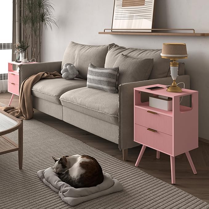 Pink Nightstand with Charging Station and LED Lights,Modern Bedside Table wit...