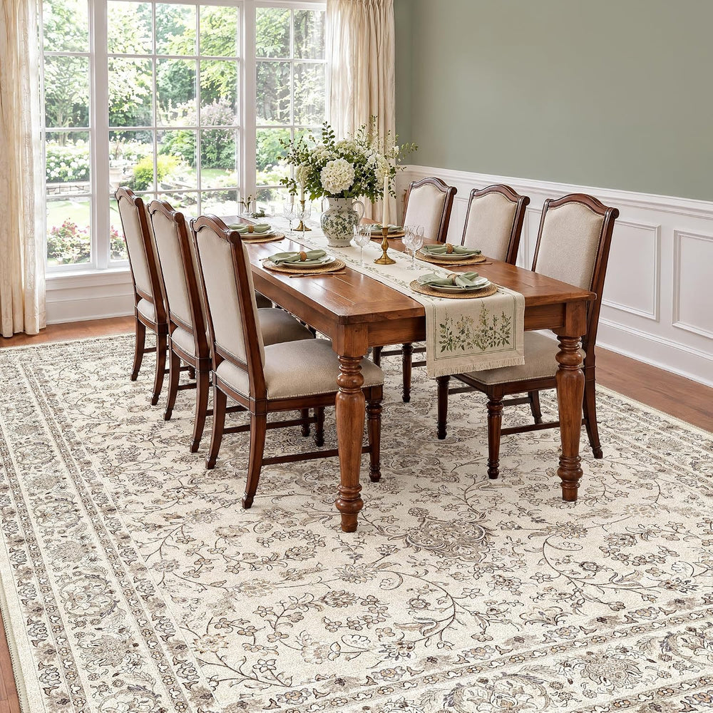 8x10 Washable Area Rug - Ivory Vintage Rug for Living Room Bedroom