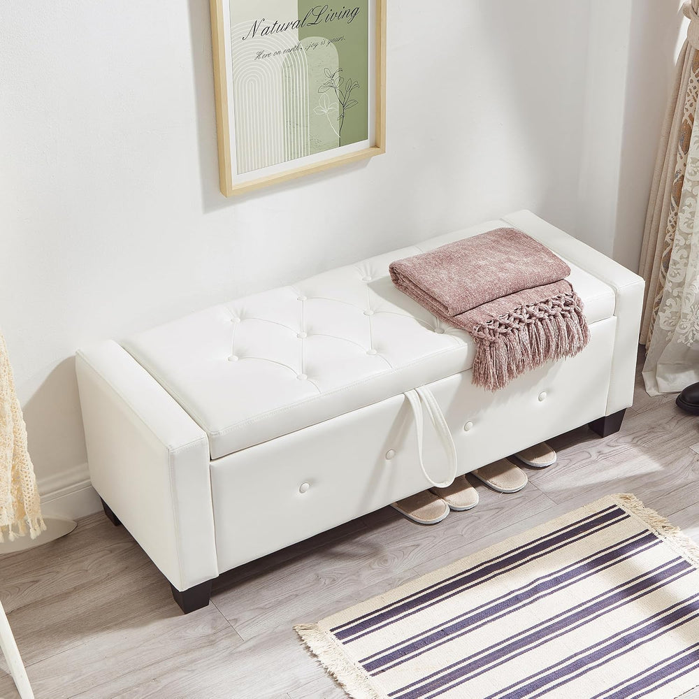 48" Storage Ottoman Bench, Ivory White | Faux Leather, Lift Top, For Liv...