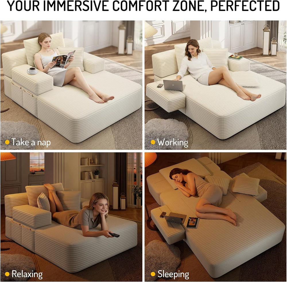 Oversized Boneless Chaise Lounge Chair Indoor, 60”,White | Corduroy Convertib...
