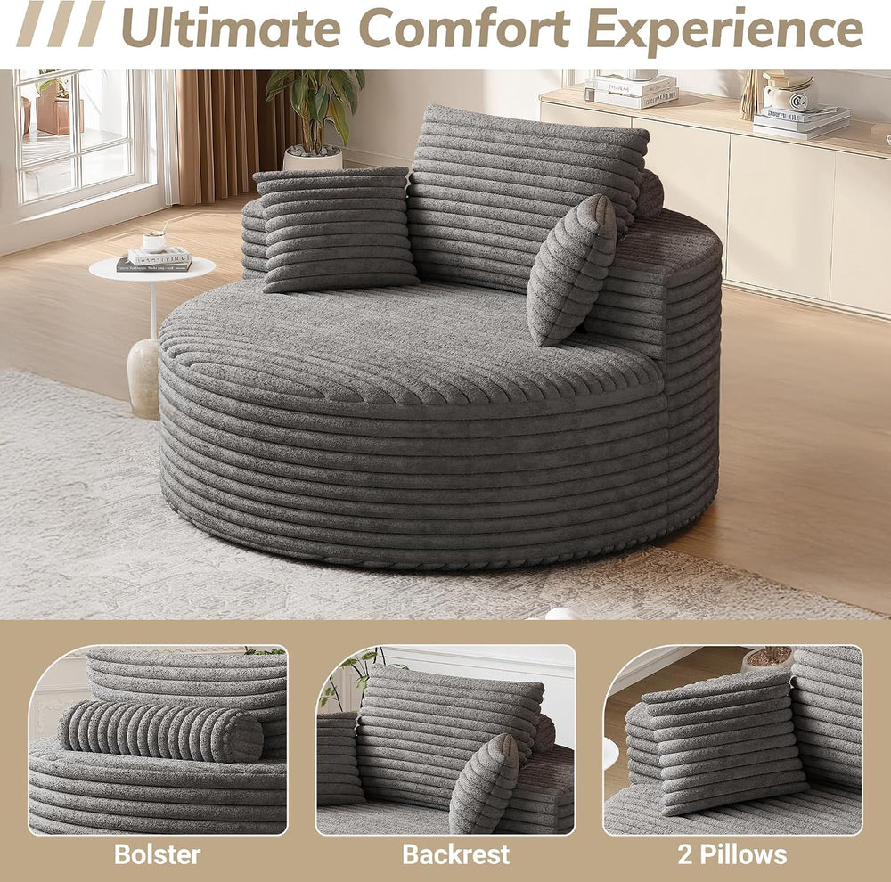 Oversized Round Chaise Lounge, 50" Corduroy Boneless Chair, Grey | Deep ...