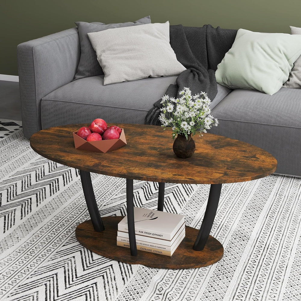 Manora Rustic Small Oval Coffee Table for Living Room, Narrow Wood Center Tab...