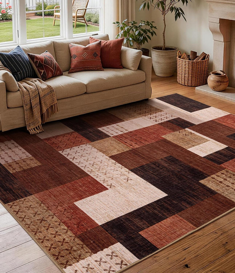 YIHOUSE Modern Geometric Patchwork Rugs for Living Room, Brown Washable 6x9 A...