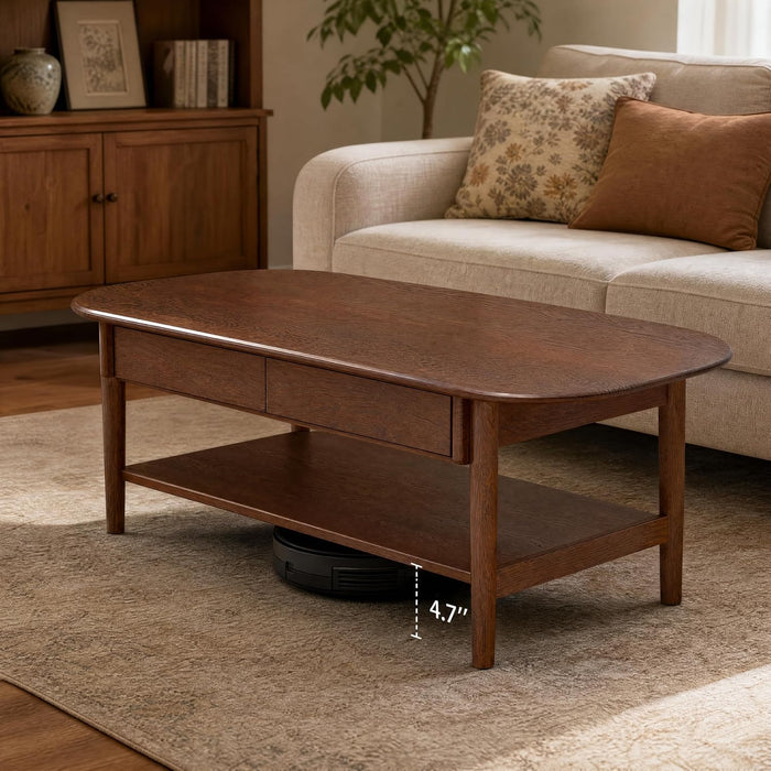 100% Solid Oak Wood Coffee Table with Storage for Living Room, 47.24"W