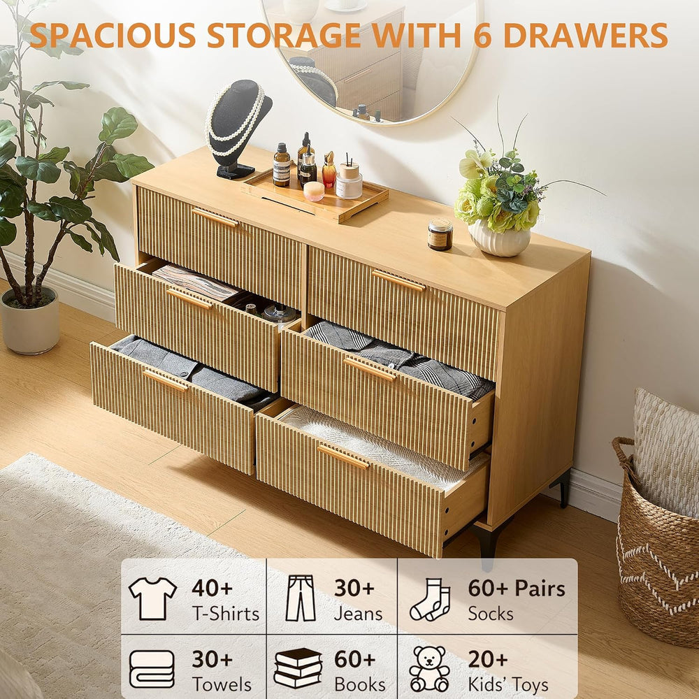 3-Piece Fluted Bedroom Set, 6 Drawer Dresser & 3 Drawer Nightstands