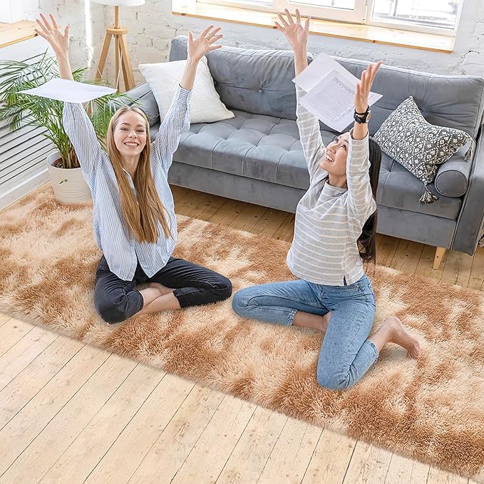 Super Soft Fluffy Living Room Area Rugs 2x10 ft Tie-Dyed Beige Shaggy Furry