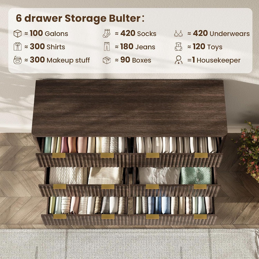 47" Wide Fluted 6 Drawers Dresser for Bedroom,Curved Edge,Walnut