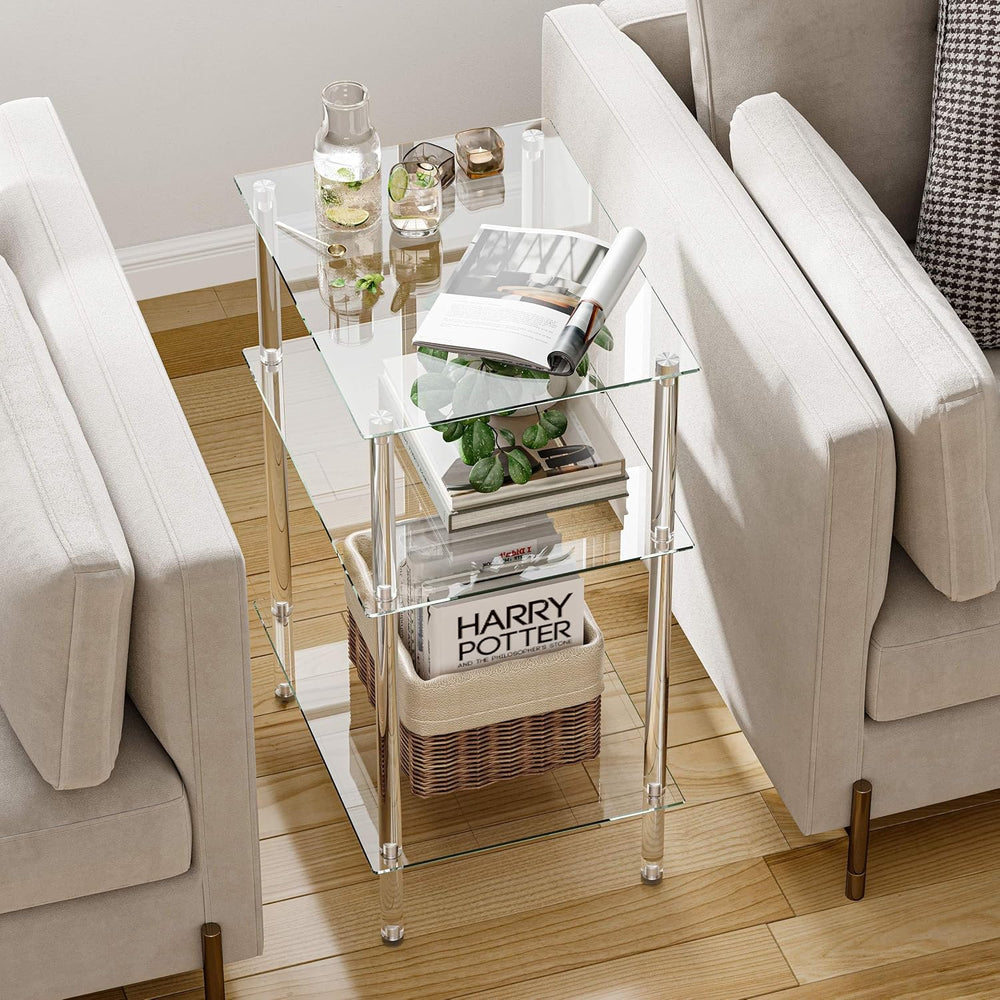 Tempered Glass Side Table, Acrylic End Table, 3-Tier Transparent Nightstand, ...