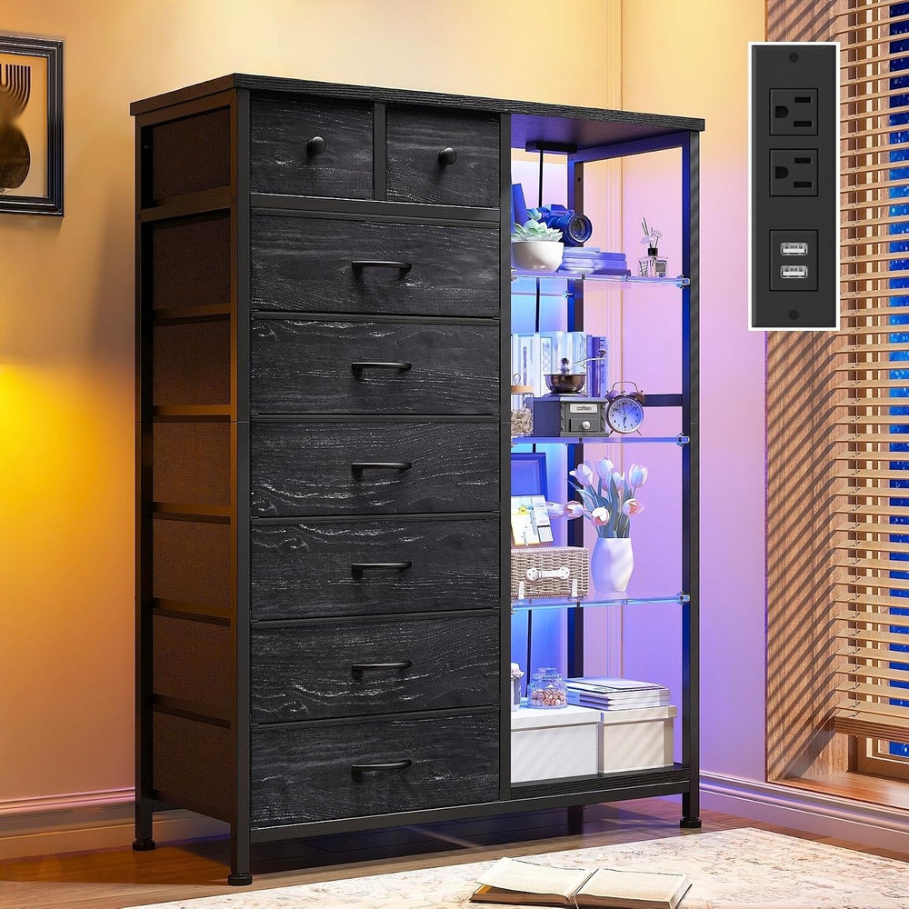 EnHomee Black Dresser with LED Lights & Power Outlets, 8 Drawers, 54" H