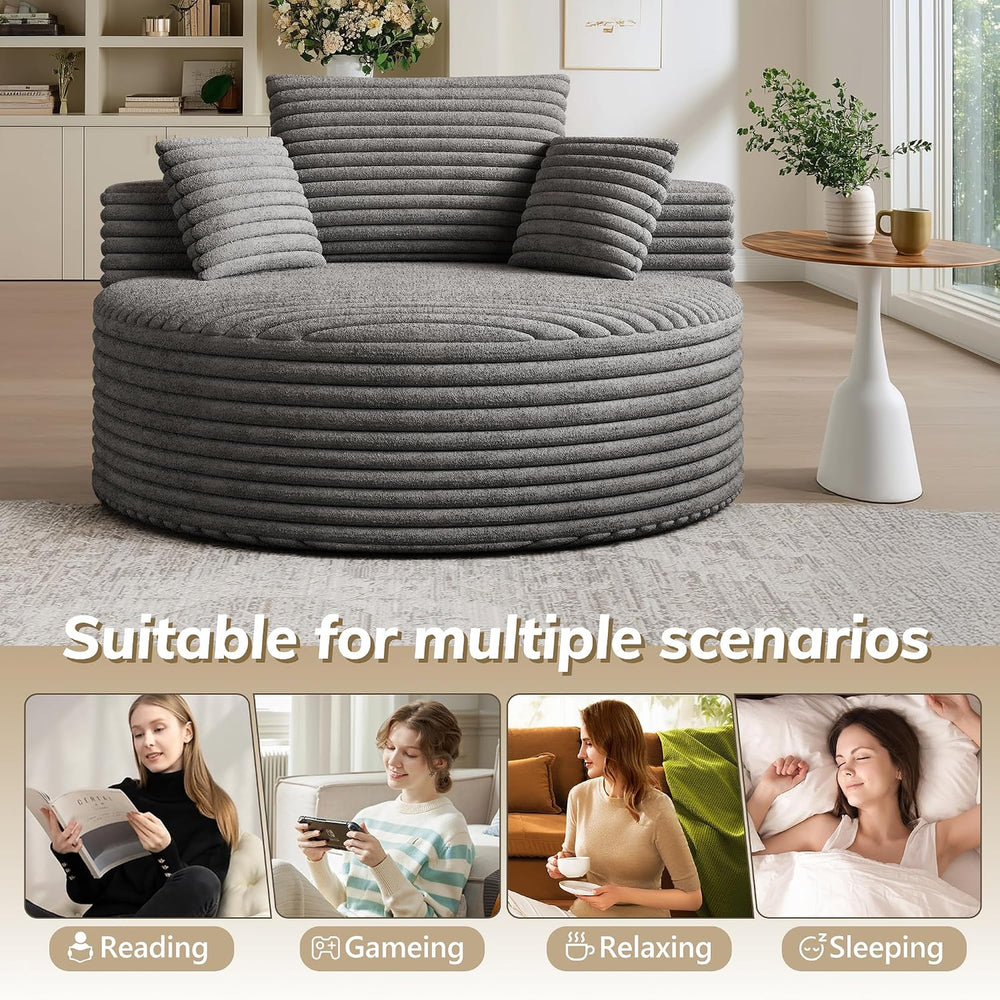 Oversized Round Chaise Lounge, 50" Corduroy Boneless Chair, Grey | Deep ...