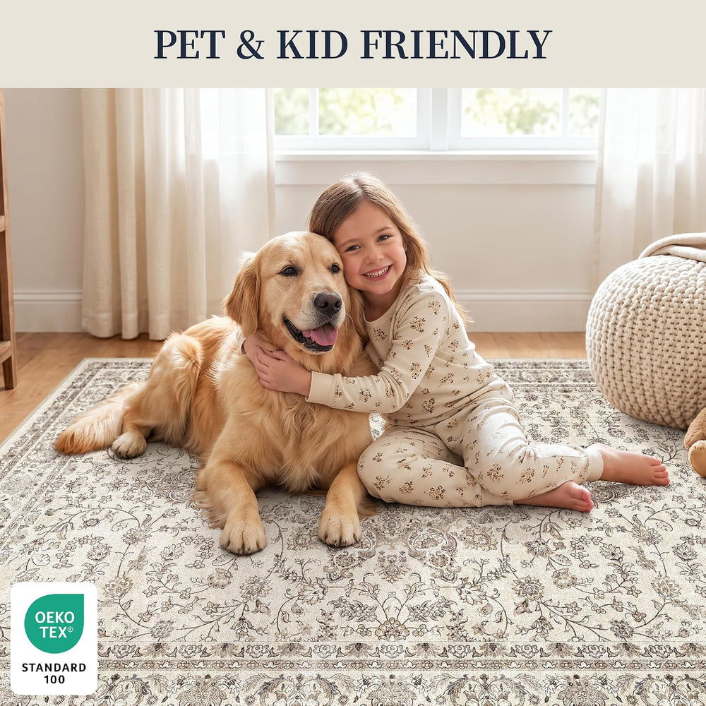 8x10 Washable Area Rug - Ivory Vintage Rug for Living Room Bedroom