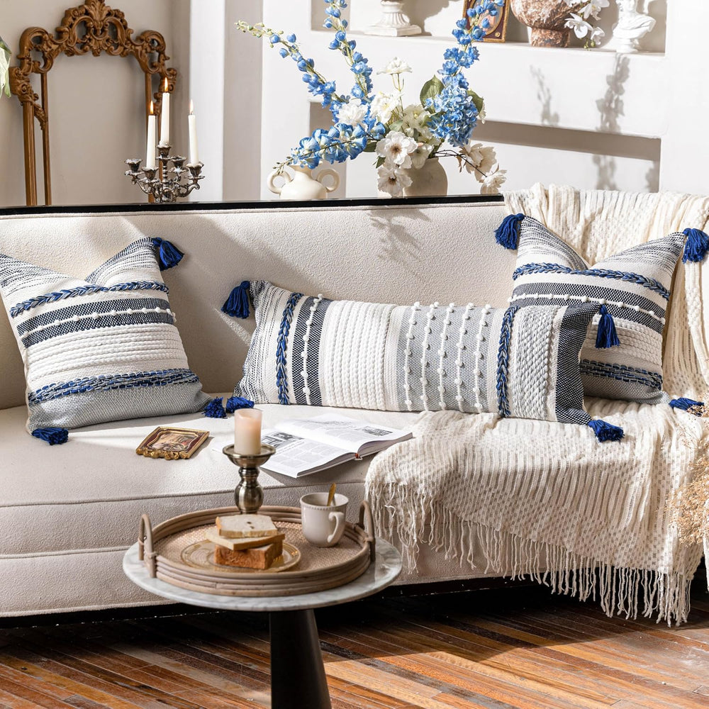 BlissBlush Navy Dark Blue Boho Decorative Lumbar Pillow Cover 14x36, Long Bod...