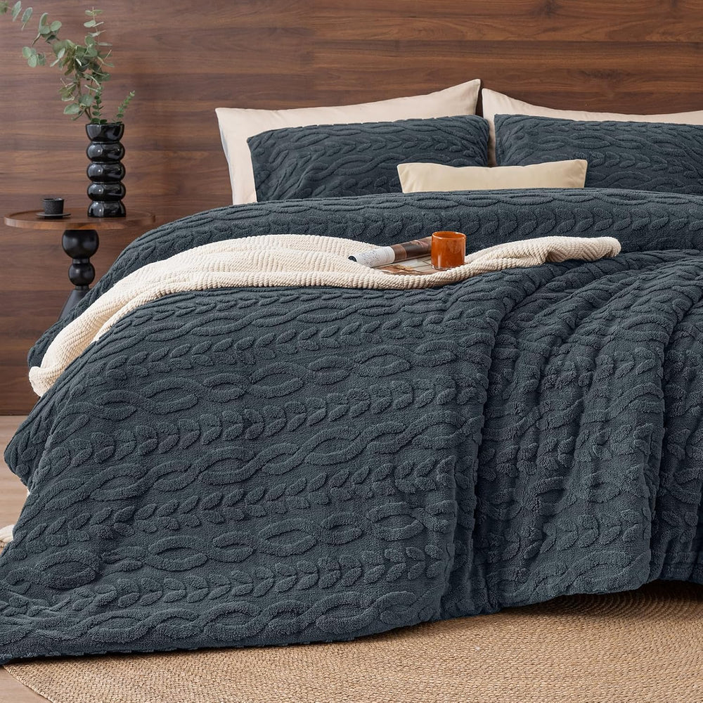 PHF Fluffy Sherpa Fleece Queen Comforter Set, 3 Pieces Warm Fuzzy Soft Beddin...