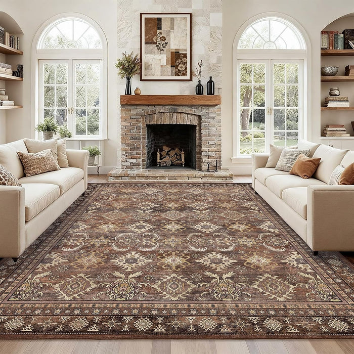 Vintage Living Room Rugs 9x12: Brown Soft Washable Carpet High Traffic Area