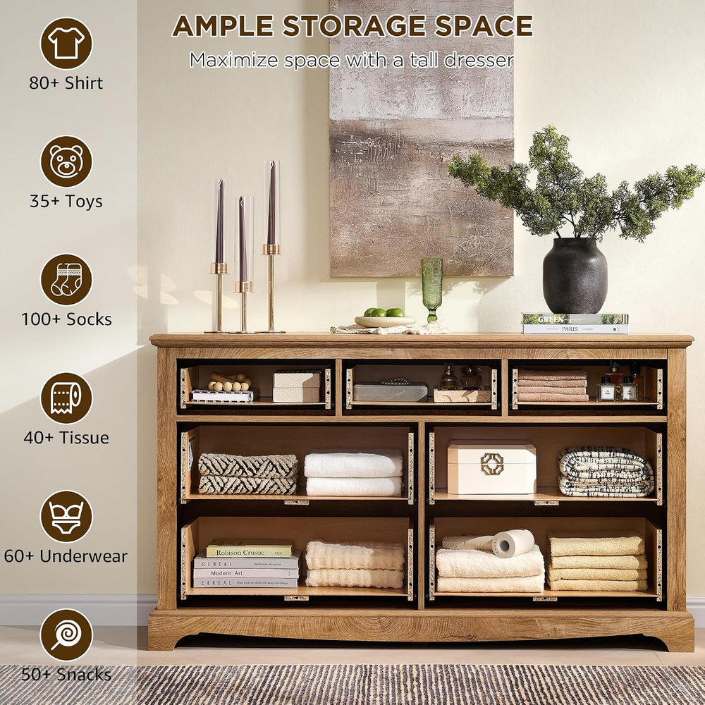 T4TREAM 54" Wide 7 Drawers Dresser Chests for Living Room, Light Knotty Oak