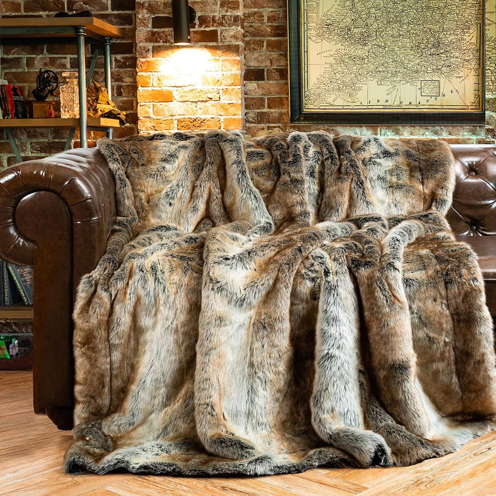 Battilo Large Brown Faux Fur Throw Blanket For Bed, 60"x80", Elegant