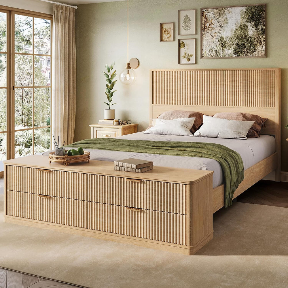 LINSY Fluted Boho Queen Bed Frame with Storage Bench, Natural Oak