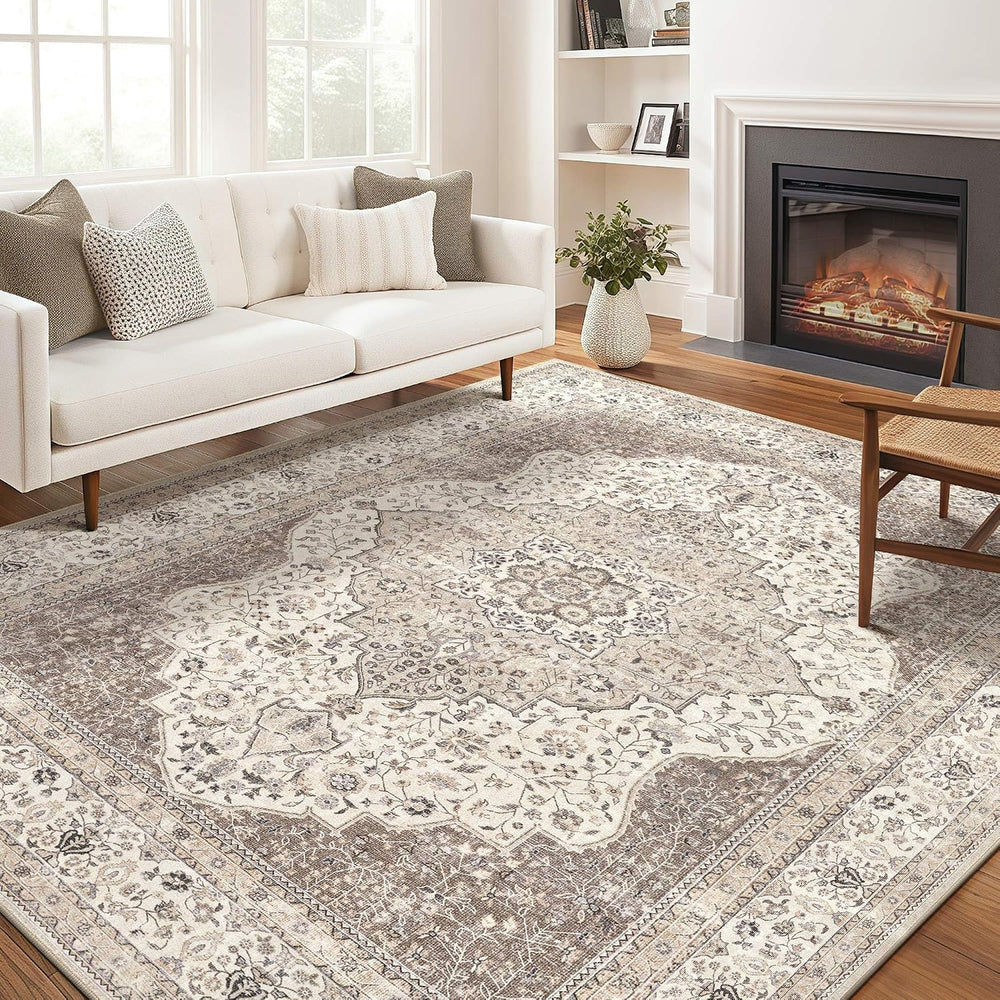 Vintage 9x12 Washable Area Rugs for Living Room, Non Slip, Brown
