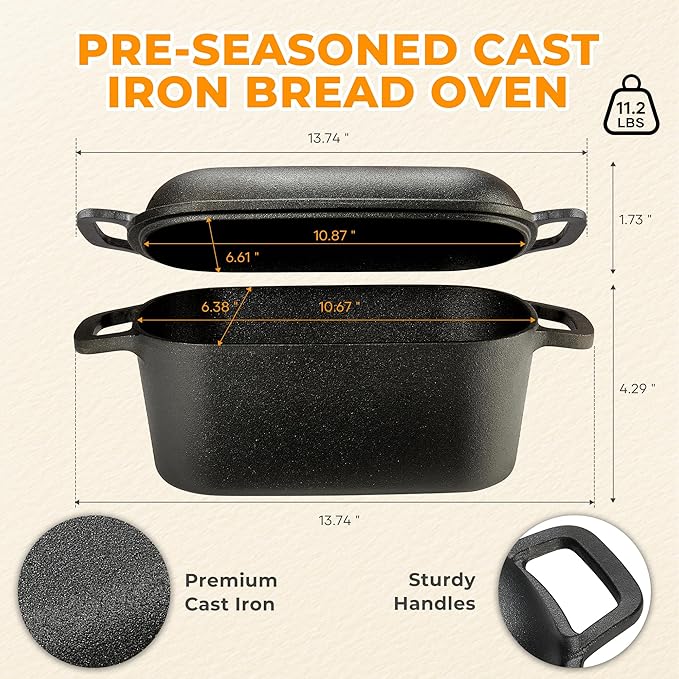 Oval Dutch Oven for Bread Baking, Pre-seasoned Cast Iron Bread Pans for