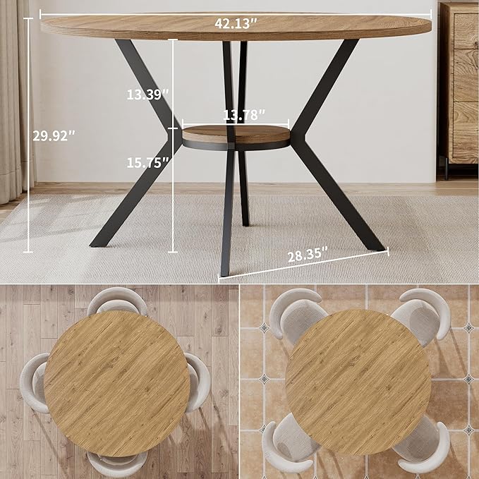 42 Inch Round Dining Table for 2–4, Farmhouse Round Kitchen Table with Storag...