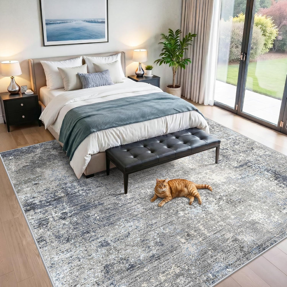 12x12 Square Area Rug for Living Room, Washable Modern Rug, Blue Grey