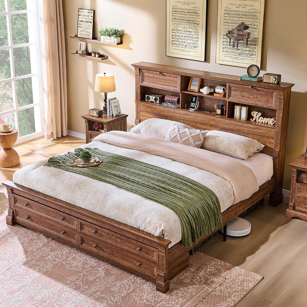 Farmhouse Queen Size Bed Frame with 54" Tall Headboard, 2 Footboard Drawers