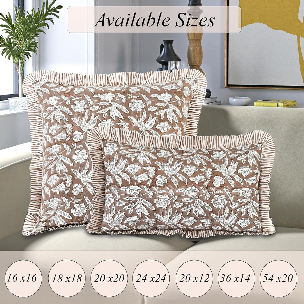 Ridhi Oak Brown Floral Block Print Throw Pillow Covers 16 x 16 Inch