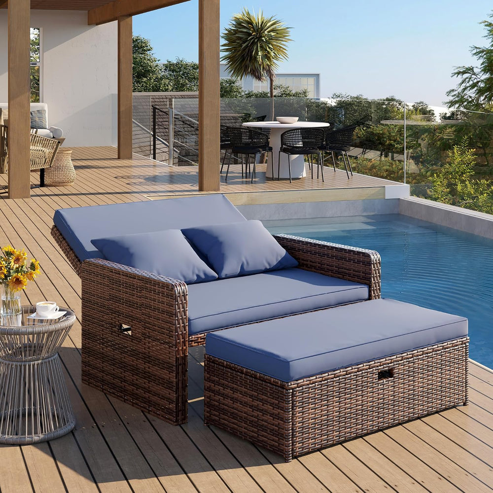 Amopatio Wicker Outdoor Daybed, Patio Daybed with Ottoman,Blue
