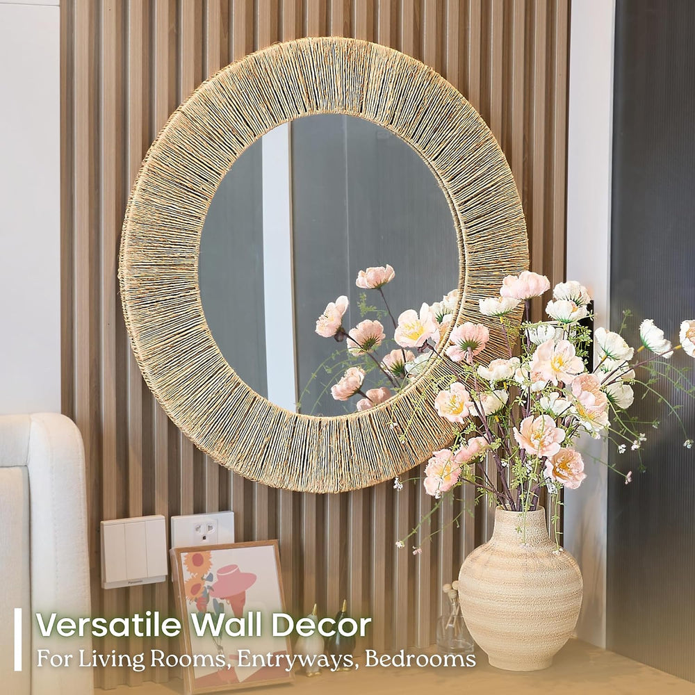 Chi An Home 24 inch Natural Jute Round Wall Mirror, Boho Decor Wall Mirror