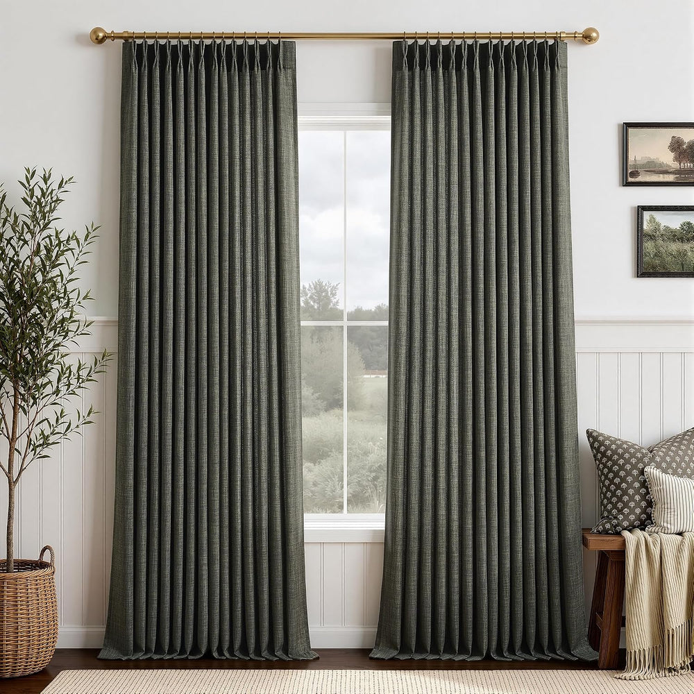 Pinch Pleated Linen Curtains 96 Inches Extra Long Olive Green Drapes, Thick L...