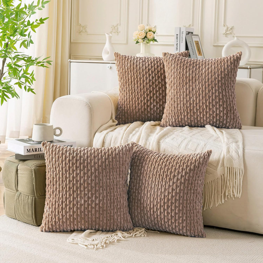 Set of 4 Light Brown Decorative Throw Pillow Covers 22x22 Inch Corduroy Pillo...