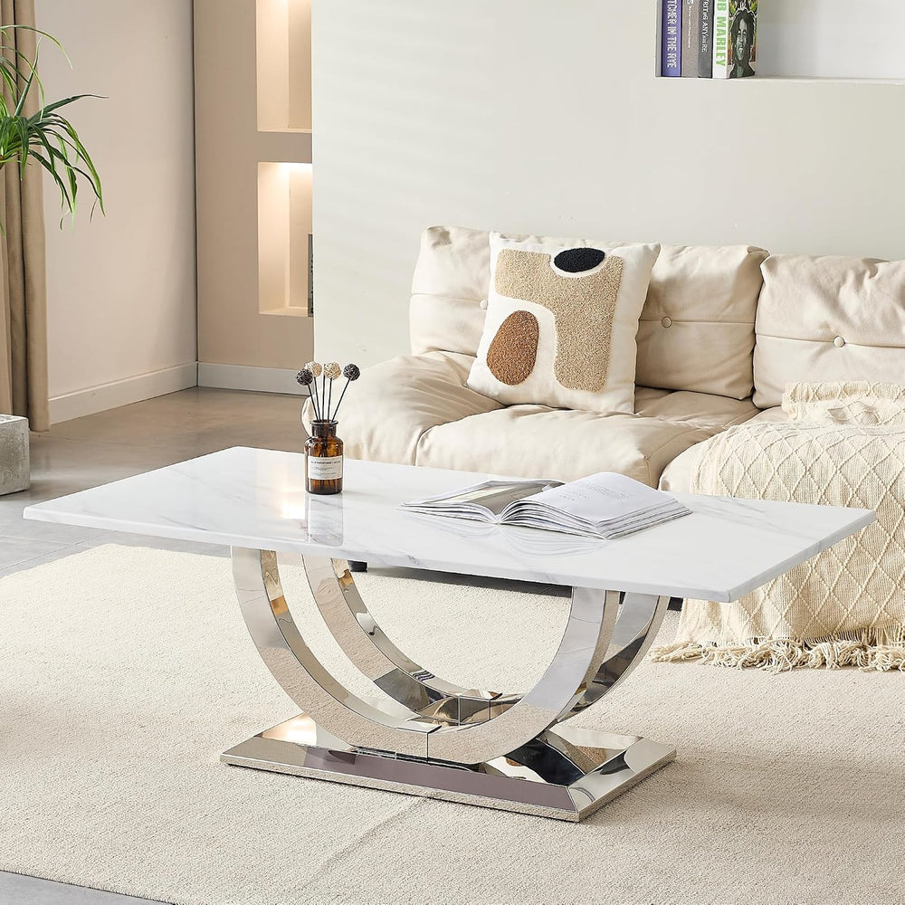Henf Modern 50" Coffee Table White Faux Marble Center Table with Silver ...