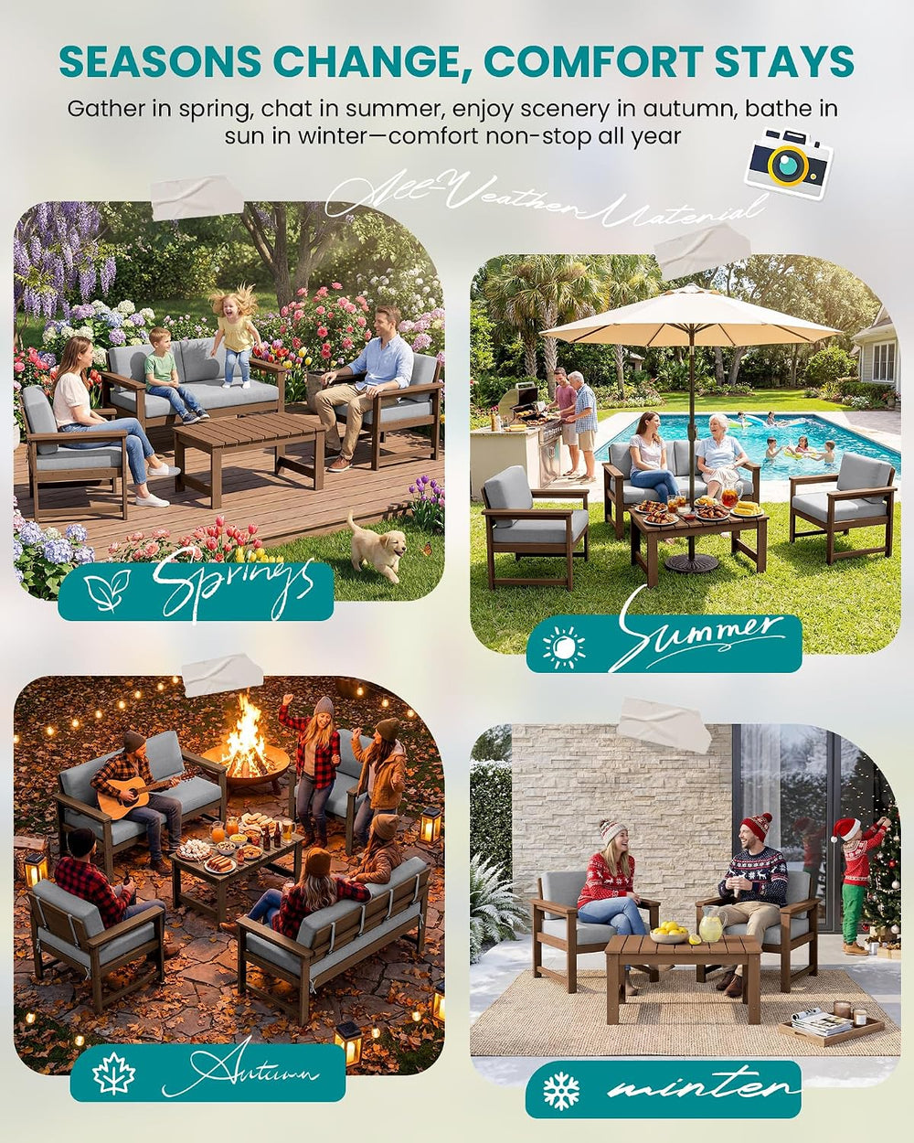 SERWALL 3 Pieces HDPE Outdoor Sofa Bistro Set with Cushions & Coffee Table