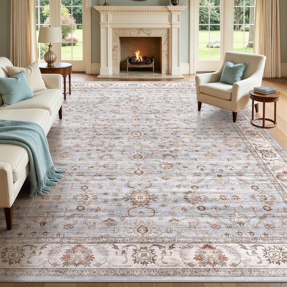WITSHOCK Washable Area Rug 10x14 Non-Slip Floral Carpet, Gray/Light Blue