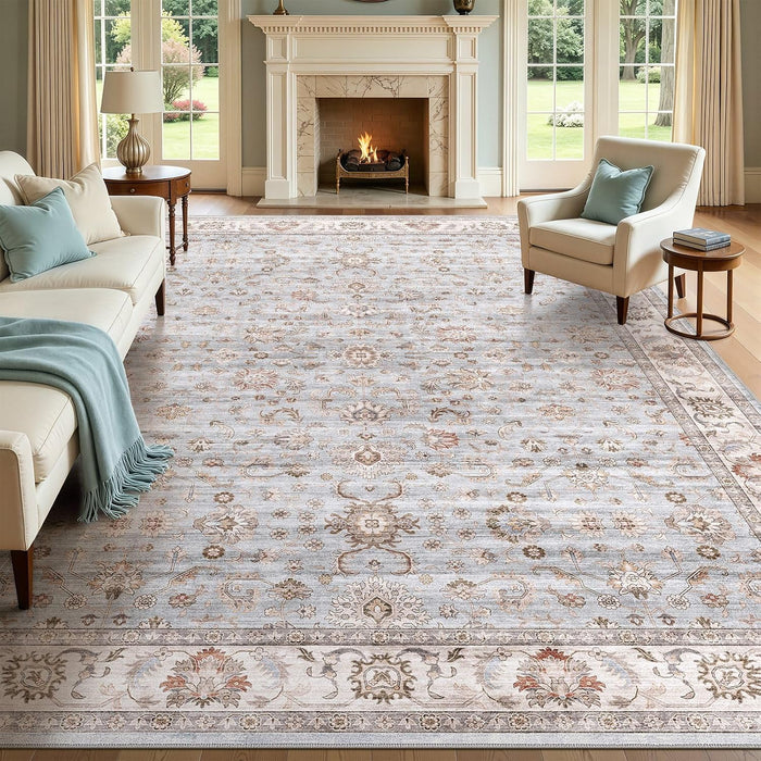 WITSHOCK Washable Area Rug 10x14 Non-Slip Floral Carpet, Gray/Light Blue
