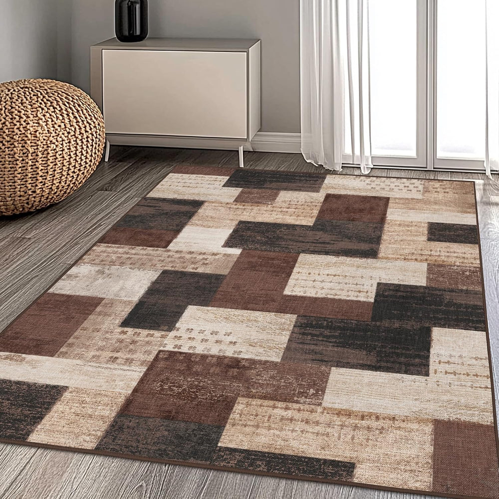 Modern Geometric Patchwork Indoor Area Rug for Living Room, Chocolate 6'x...
