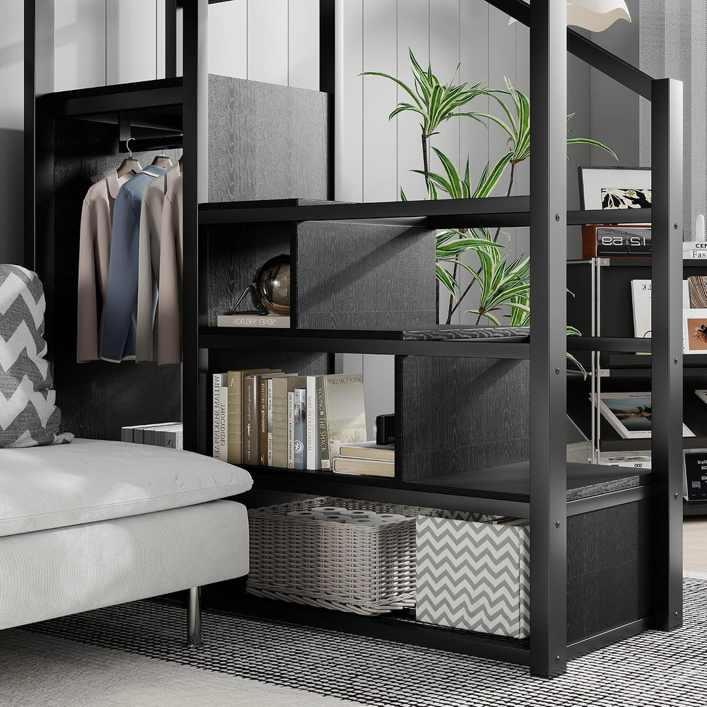 KEIKI Full Size Metal Loft Bed Frame with Convertible Staircase, Built-in Sto...