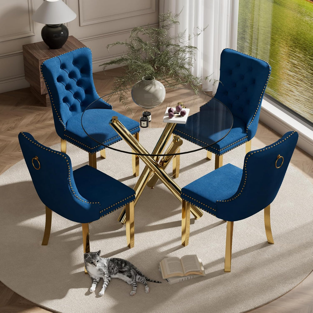 Modern Gold Round Glass Dining Table Set for 4, 36'' Luxury Minimalis...