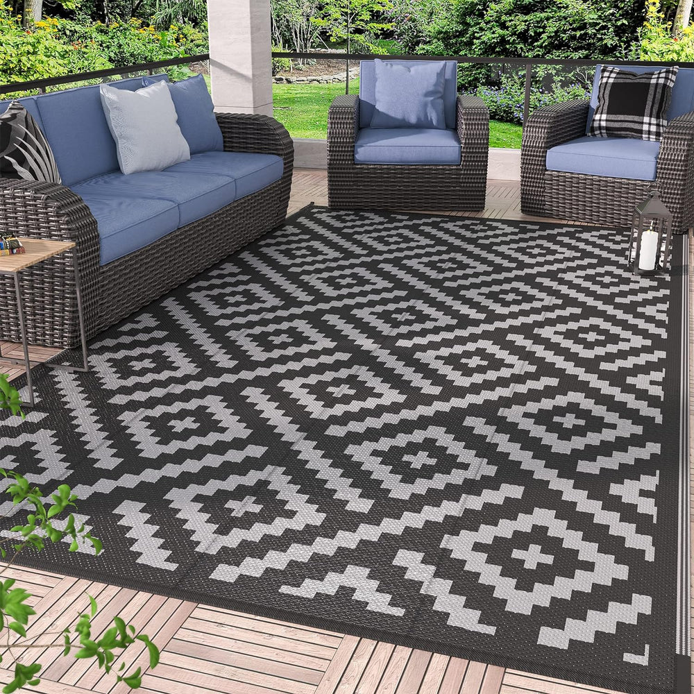 GENIMO Outdoor Rug, Waterproof Plastic Rugs for Patio, 6'x9' Black Grey