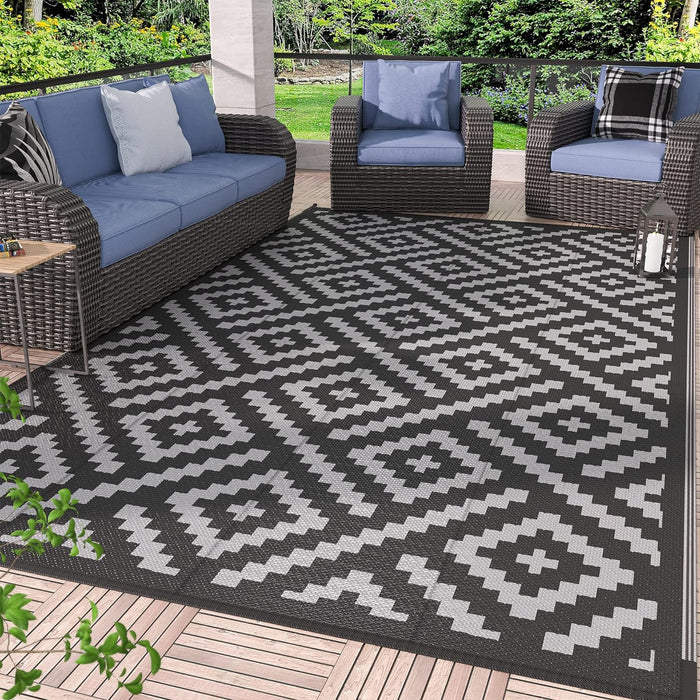 GENIMO Outdoor Rug, Waterproof Plastic Rugs for Patio, 6'x9' Black Grey