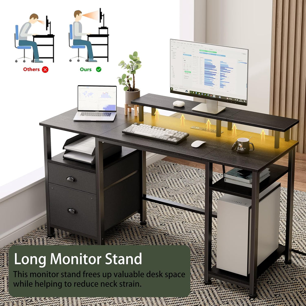 Furologee 51" Gaming Desk with Power Outlets & LED Lights, Reversibl...