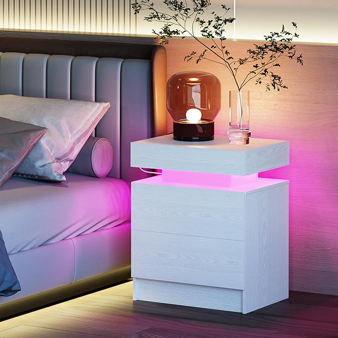 LIKIMIO Night Stand with Charging Station, Modern White Nightstand with LED L...