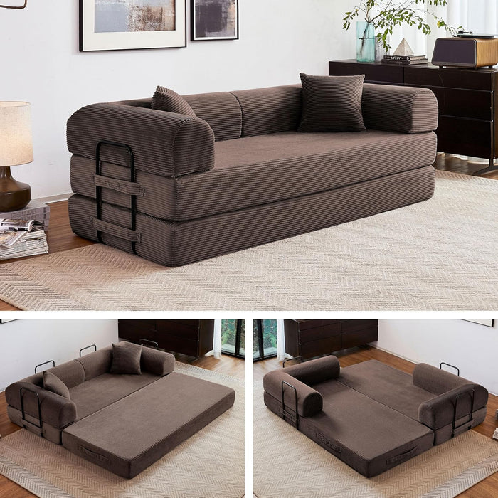 79" Convertible Sofa Bed, 5-in-1 Corduroy Boneless Couch Bed Sofa Pull Out, Memory Foam Couch, No Assembly Futon Couches for Living Room (Brown)