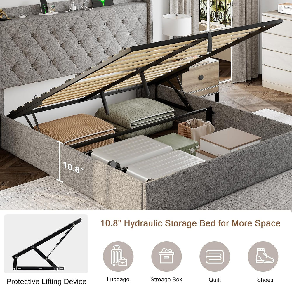 Einhomn Full Size Lift Up Storage Bed Frame with Charging Station, Upholstere...