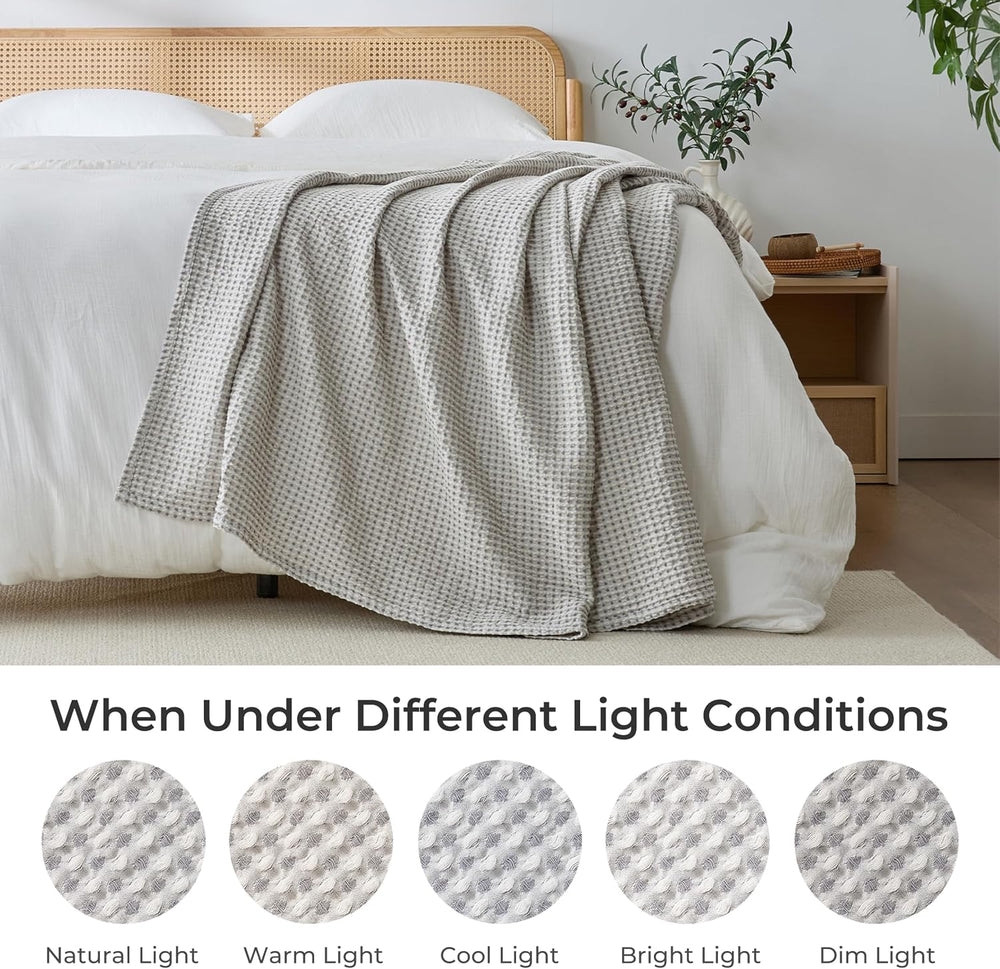 EGOHOME Cotton Two-Tone Check Pattern Waffle Blanket King Size