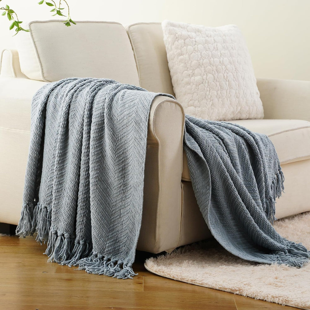 Battilo Blue Grey Throw Blanket for Couch, Knit Throw Blanket, 50"x60"