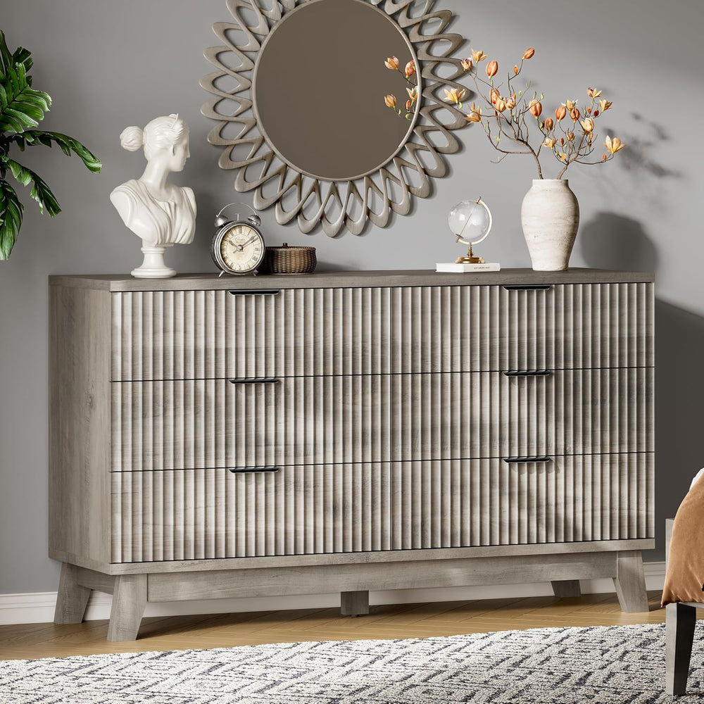 Fluted Dresser with 6 Drawers, 54" Wide Modern Chest of Drawers with Met...