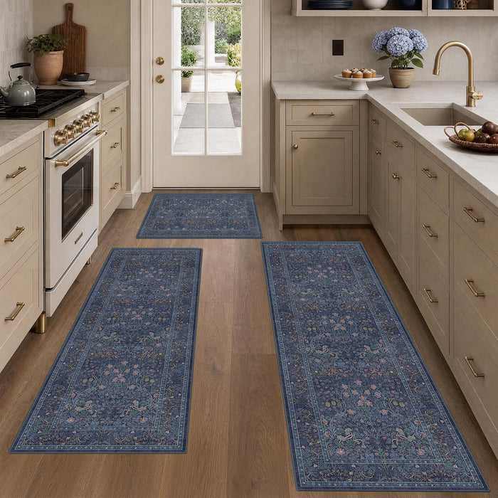 JTJ Kitchen Rugs Set of 3, Blue Vintage Kitchen Mats, Washable Runner