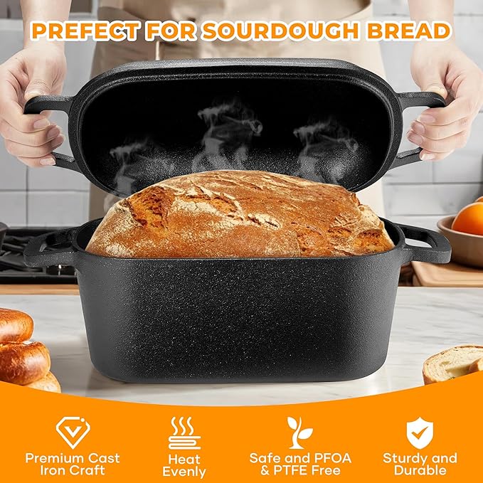 Oval Dutch Oven for Bread Baking, Pre-seasoned Cast Iron Bread Pans for